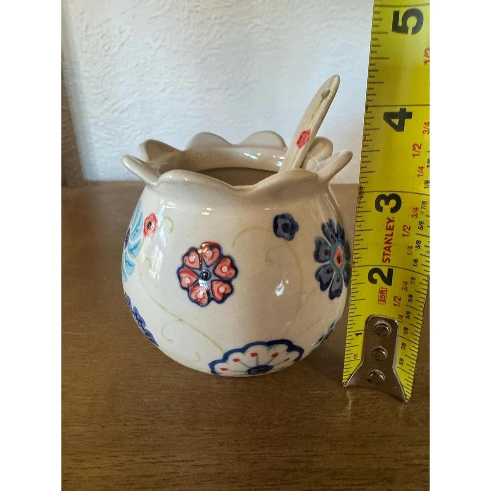 Anthropologie Floral Ceramic Sugar Bowl with Spoon NO LID Floral Design‎